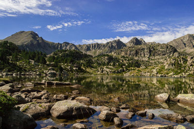 Scenic view of lake and mountains against sky