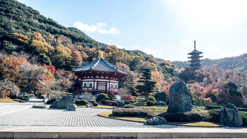 View of temple against building