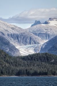 Scenic view of lake by snowcapped mountains against sky