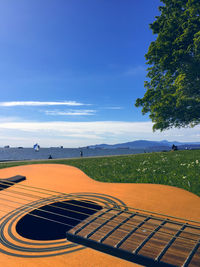 Close-up of acoustic guitar on grassy field by sea against sky