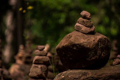 Close-up of stone stack on rock