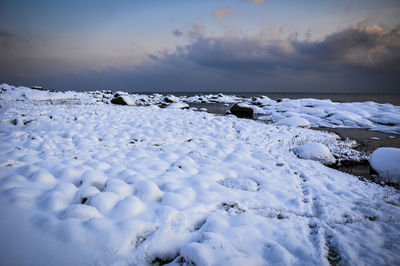 Scenic view of snow covered landscape against sky