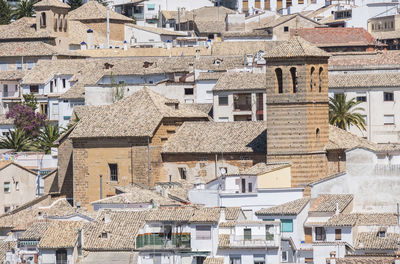 High angle view of houses in town