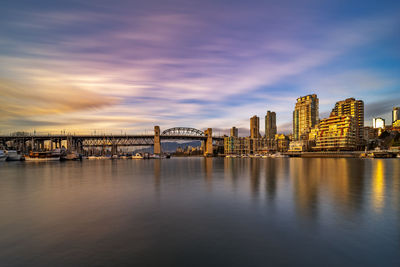 Bridge over river with buildings in background