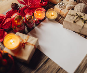 High angle view of candles on table