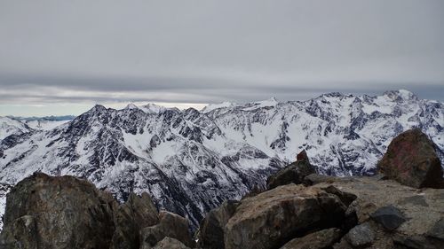 Scenic view of snowcapped mountains against sky