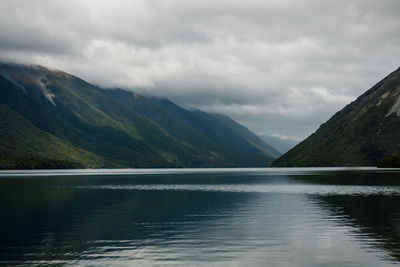 Scenic view of lake and mountains against sky