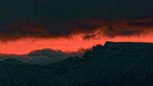 Scenic view of mountains against sky during sunset