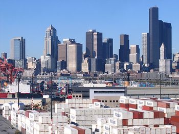 Cityscape against clear sky