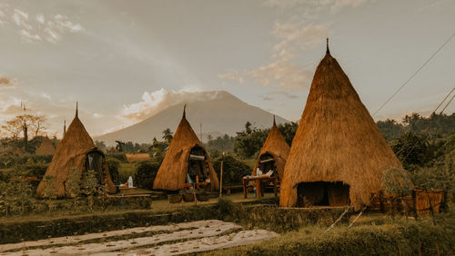 Campsite in the rice fields with agung mountain background