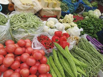 High angle view of vegetables for sale at market stall