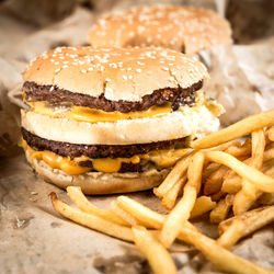 Close-up of burgers and french fries