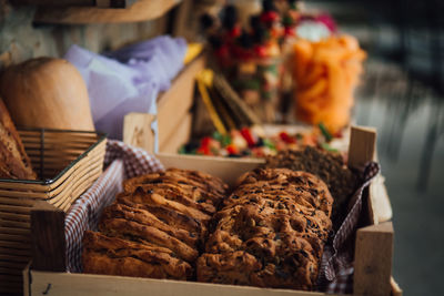 Close-up of baked food in basket