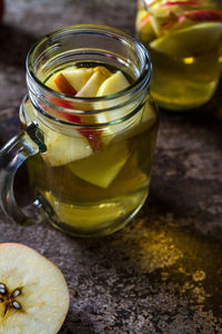 High angle view of drink in glass jar on table