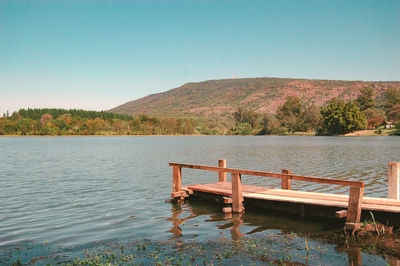 Scenic view of calm lake against clear sky