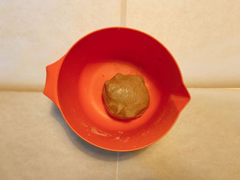 High angle view of strawberry in bowl on table