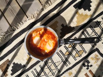 High angle view of breakfast on table