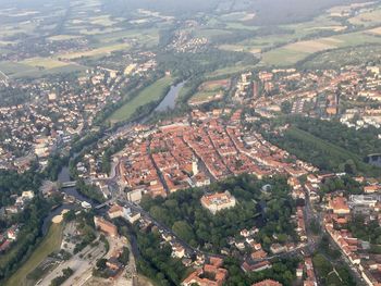 High angle view of buildings in city