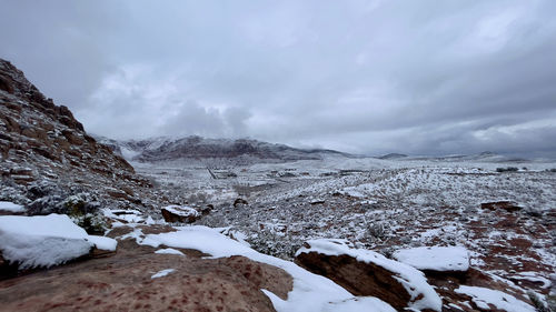 Scenic view of snow covered mountains against sky