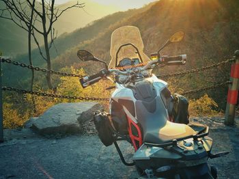 Motorcycle sitting on tree by mountain