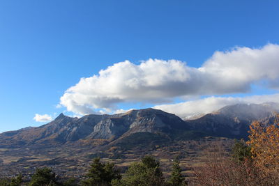 Scenic view of mountains against blue sky