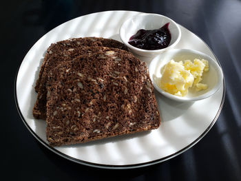 High angle view of breakfast served on table