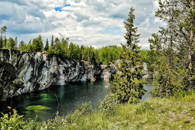 Scenic view of lake in forest against sky