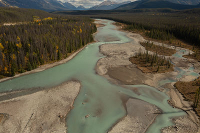 Aerial view of the athabasca river with its bluish color surrounded by thousands of trees.