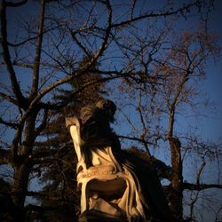 Low angle view of statue against bare trees