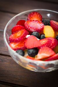 Close-up of strawberries in bowl on table