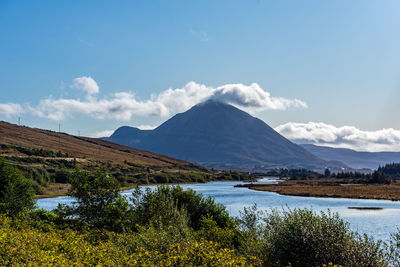 Scenic view of lake by mountains against sky