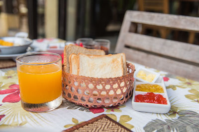 Close-up of breakfast served on table