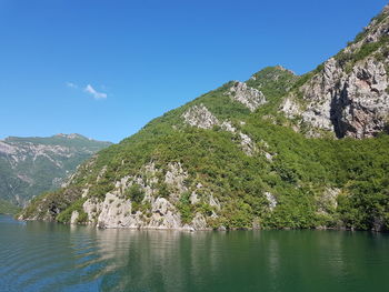 Scenic view of river by mountains against clear blue sky