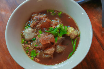 High angle view of soup in bowl on table