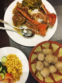 High angle view of meal served on table