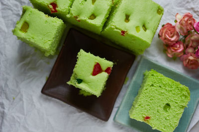 High angle view of dessert in plate on table