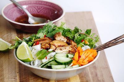 High angle view of salad in bowl on table