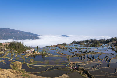 Scenic view of snow covered land against sky