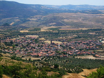 High angle view of houses in town