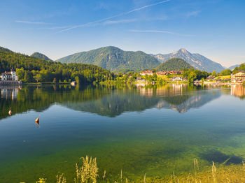 Scenic view of lake and mountains against sky