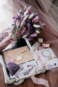 High angle view of flower bouquet on table