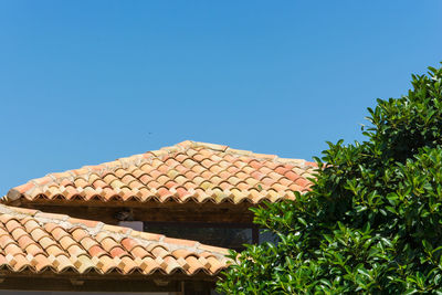 Low angle view of roof against clear blue sky