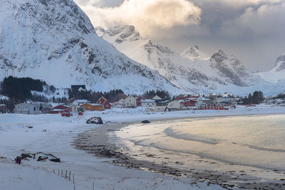 Scenic view of snow covered mountains against sky