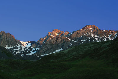 Scenic view of snowcapped mountains against clear blue sky