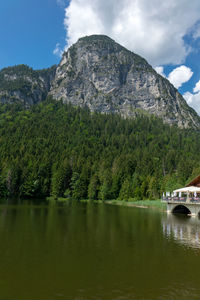 Scenic view of lake and mountains against sky