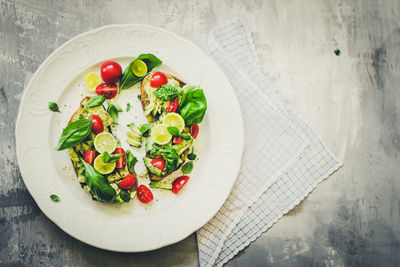 High angle view of salad in plate on table