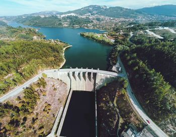 High angle view of dam by river