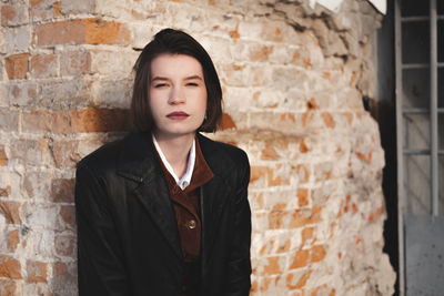 Portrait of beautiful young woman standing against brick wall