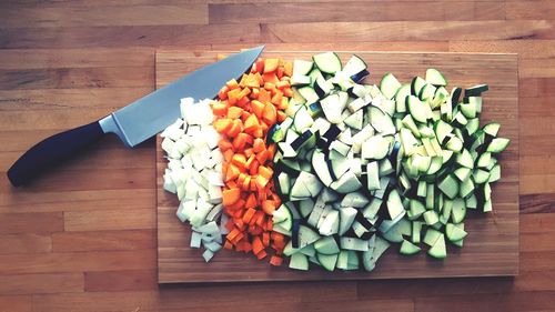 High angle view of chopped vegetables on table