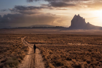 Rear view of man on land against sky during sunset
